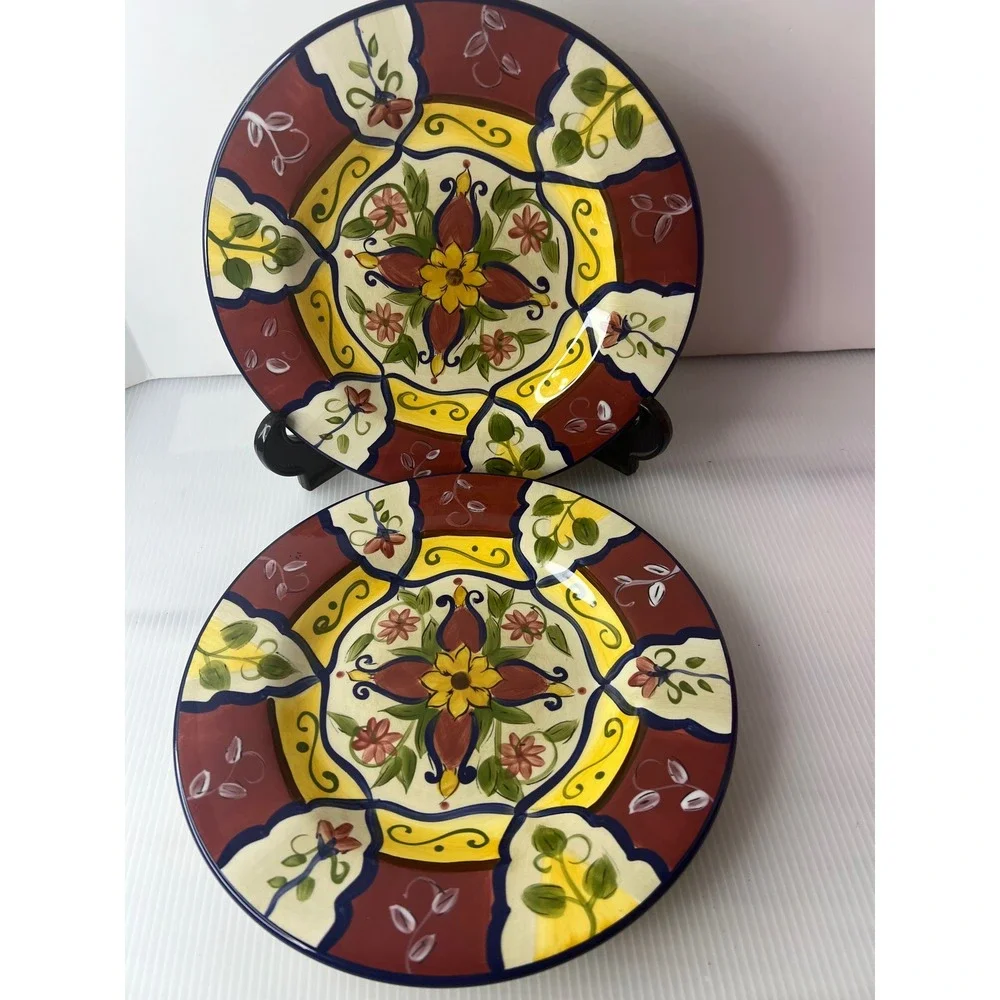 Pier‎ 1 Vallarta Handpainted Earthenware Plates Set of 2 Floral Salad Plates